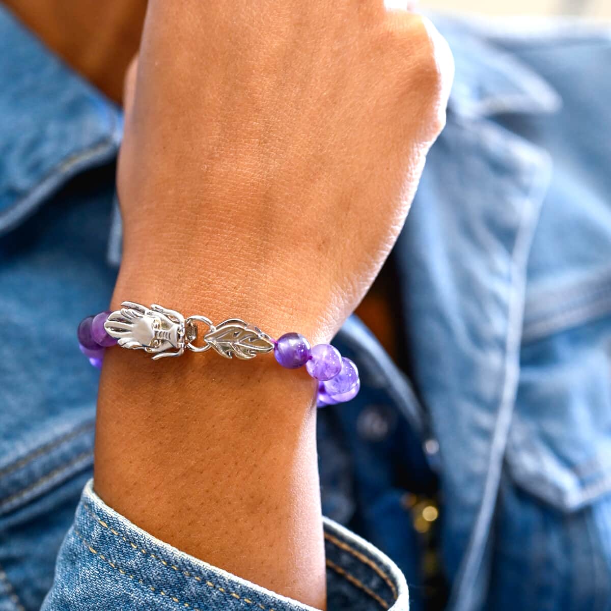 Amethyst 8-10mm Beaded Dragon Bracelet in Stainless Steel (7.50 In) 83.00 ctw image number 1