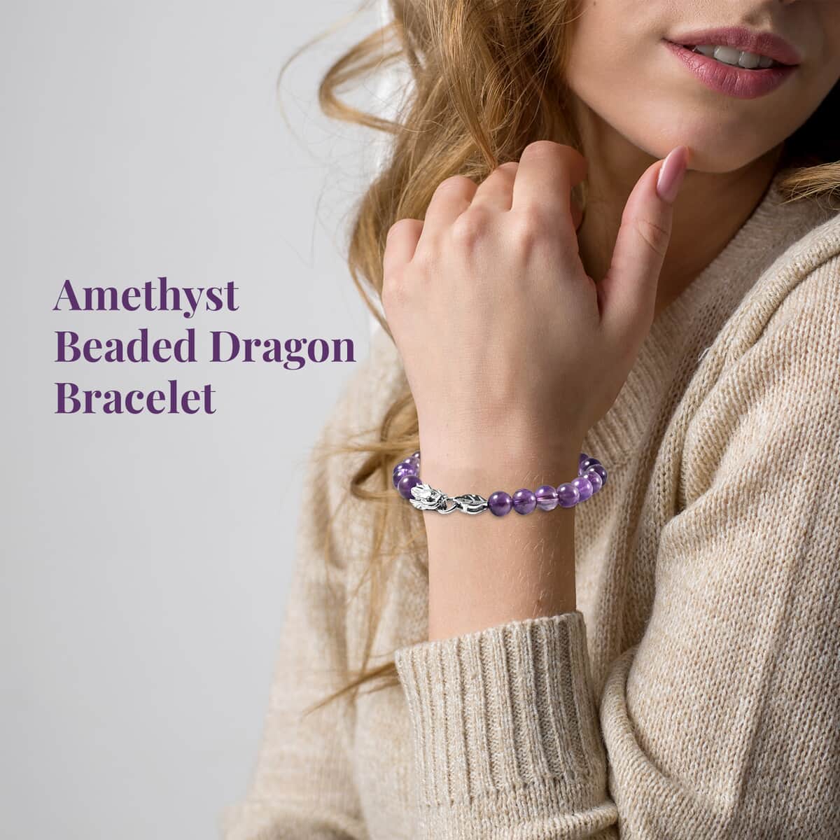 Amethyst 8-10mm Beaded Dragon Bracelet in Stainless Steel (7.50 In) 83.00 ctw image number 2