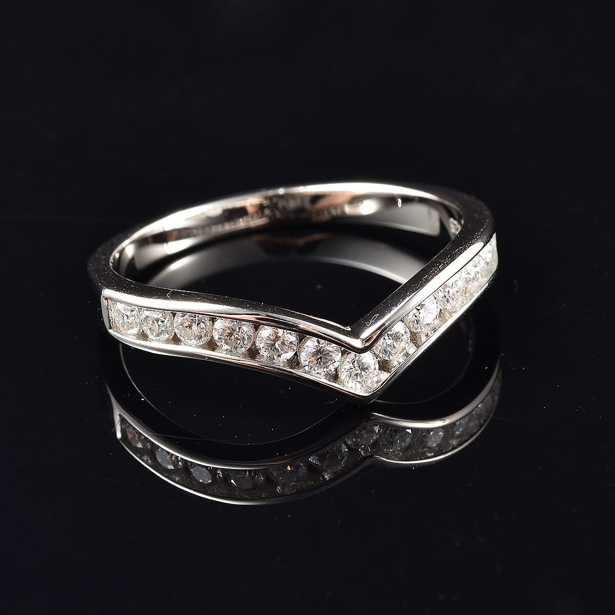 White Moissanite Wishbone Ring in Rhodium Over Sterling Silver (Size 8.0) 0.40 ctw image number 1