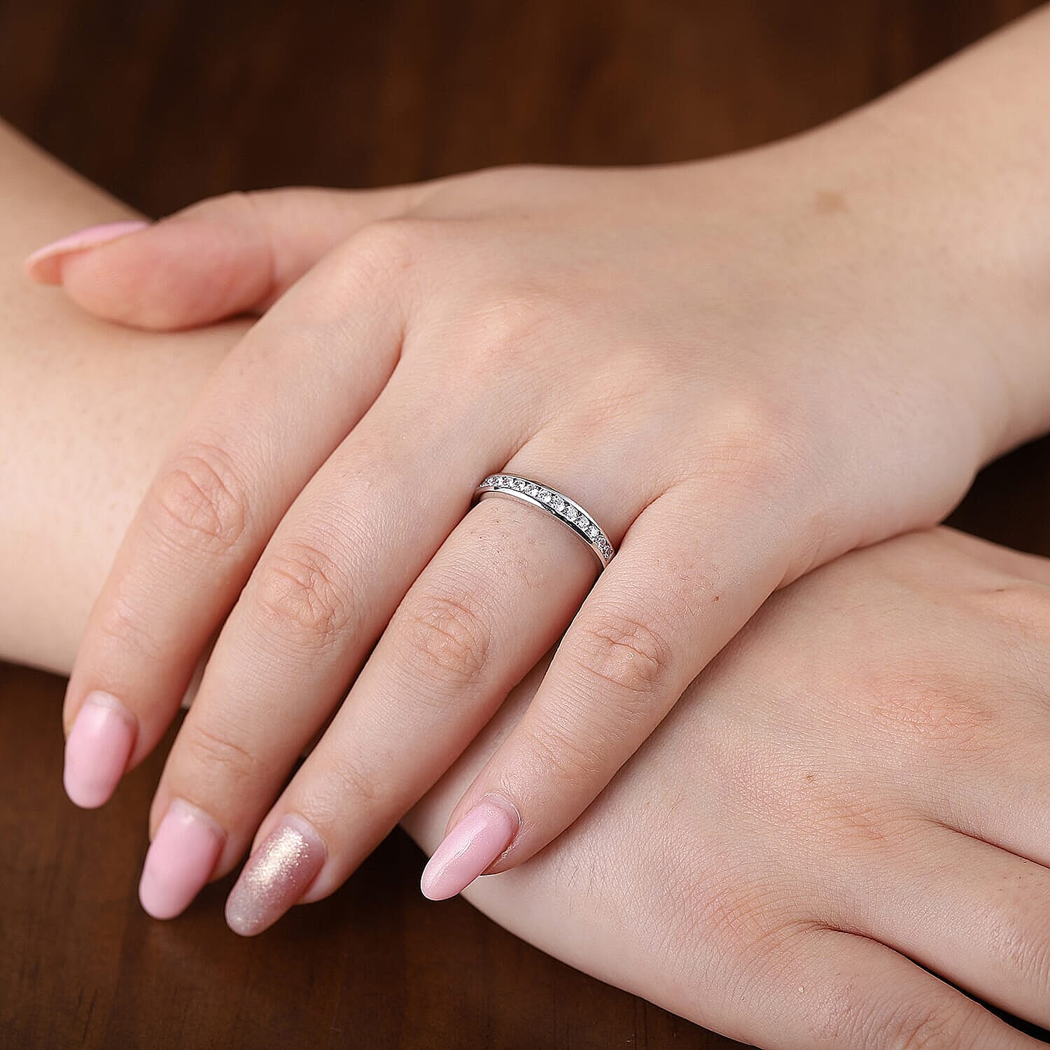 Moissanite VS EF Half Eternity Band Ring in Rhodium Over Sterling Silver (Size 11.0) 0.40 ctw