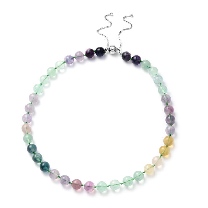 Multi Fluorite 10-12mm Beaded Necklace 18 Inches in Rhodium Over Sterling Silver 405.00 ctw