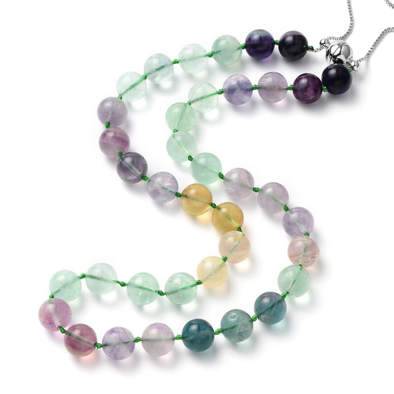 Multi Fluorite 10-12mm Beaded Necklace 18 Inches in Rhodium Over Sterling Silver 405.00 ctw