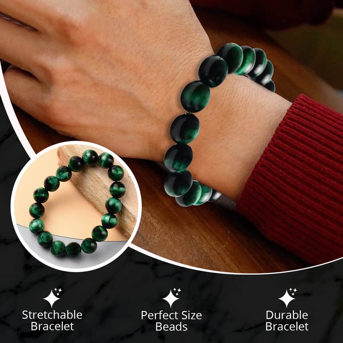 Premium Green Tiger Eye Beaded Stretch Bracelet, Adjustable Beads Bracelet, Tiger Eye Bead Jewelry 234.50 ctw image number 3