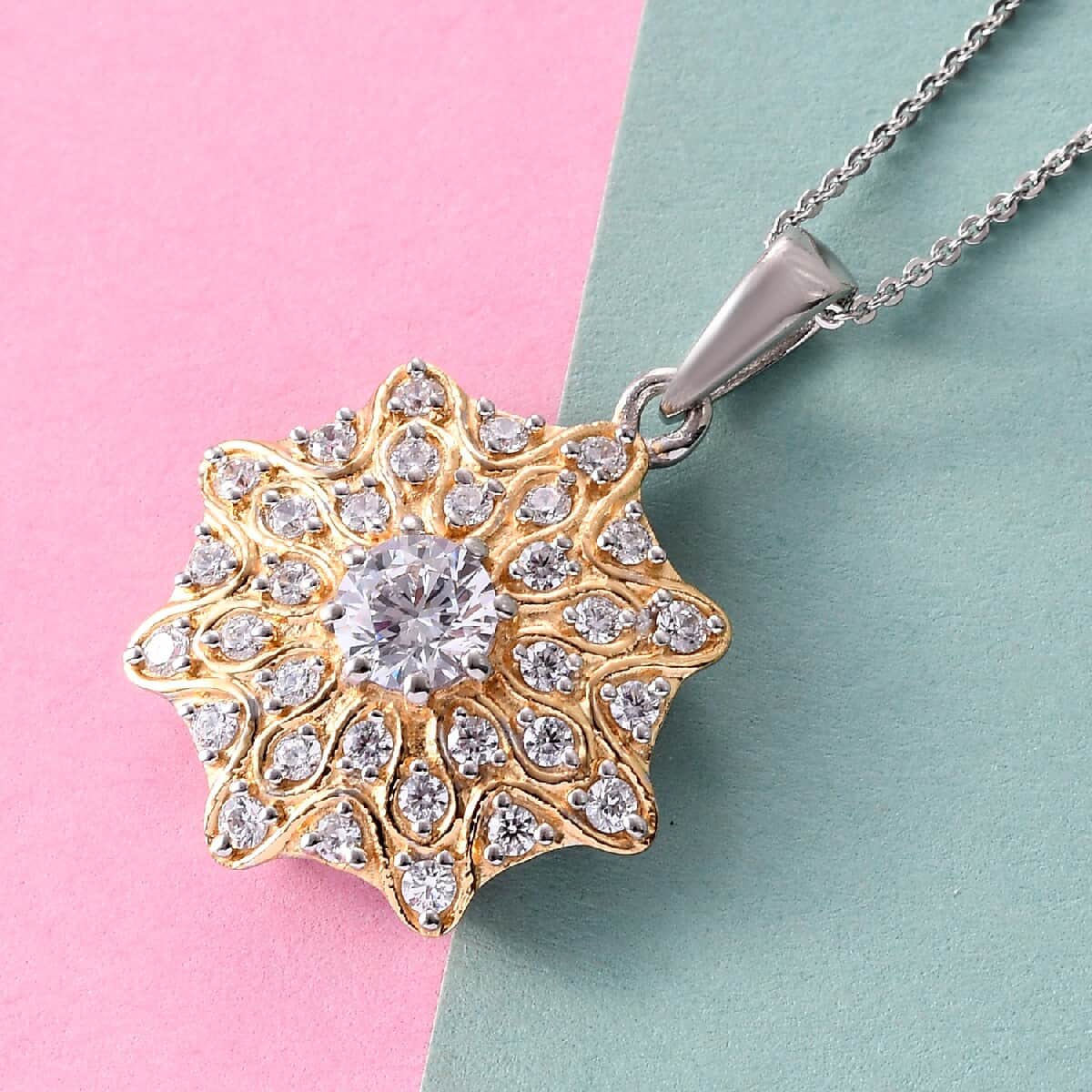 Lustro Stella Made with Finest CZ Cluster Pendant Necklace 20 Inches in Vermeil Yellow Gold & Platinum Over Sterling Silver 3.00 ctw image number 1