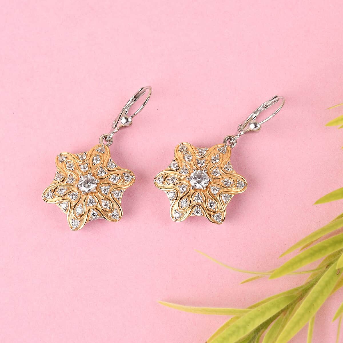 LUSTRO STELLA Made with Finest CZ Dangle Earrings in Vermeil Yellow Gold and Platinum Over Sterling Silver 3.10 ctw image number 1
