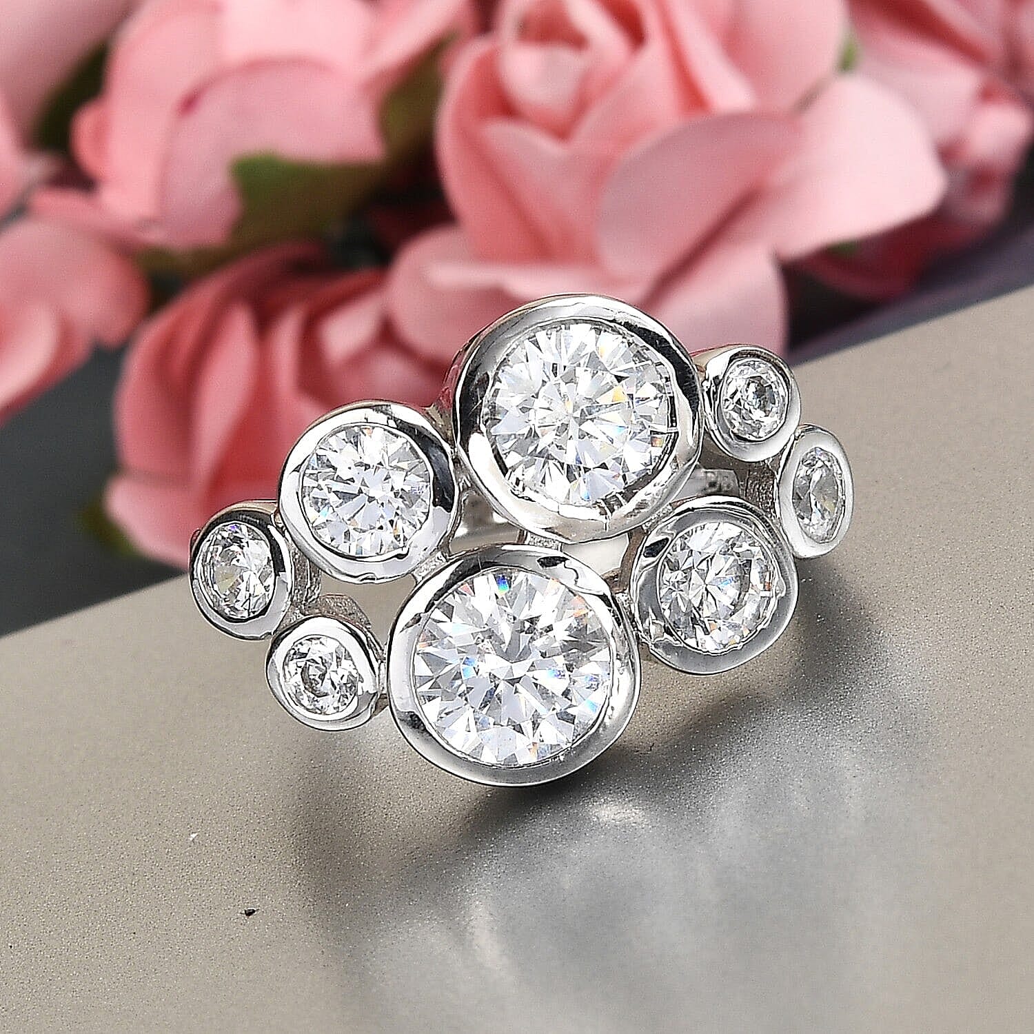 Lustro Stella Made with Finest CZ Bubble Cocktail Ring in Platinum Over Sterling Silver (Size 10.0) 5.00 ctw