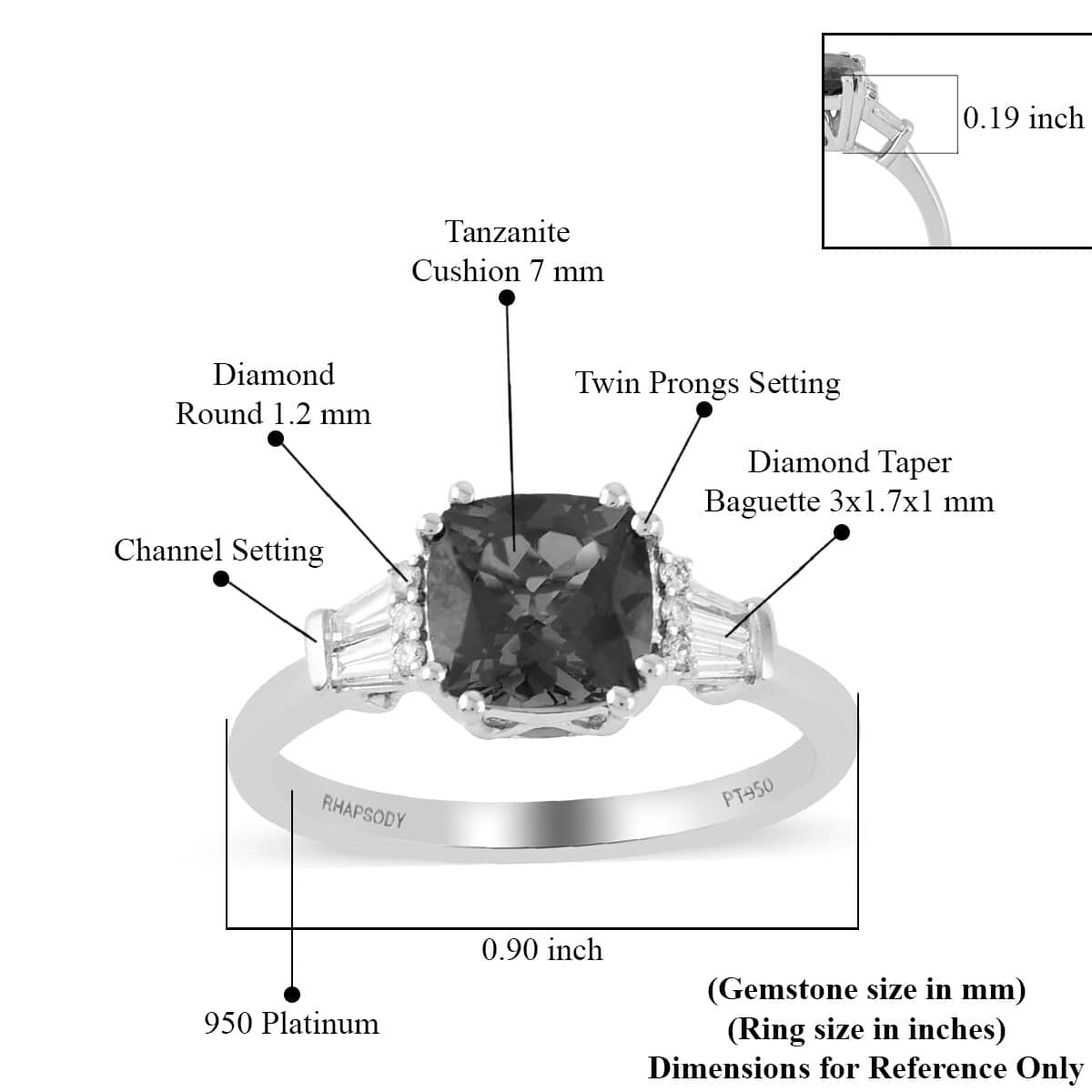 RHAPSODY 950 Platinum AAAA Tanzanite and E-F VS Diamond Ring (Size 10.0) 5 Grams 2.00 ctw image number 4