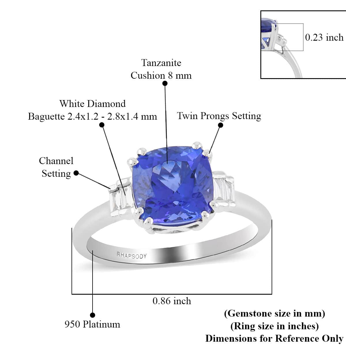 RHAPSODY 950 Platinum AAAA Tanzanite and E-F VS Diamond Ring (Size 10.0) 5.10 Grams 2.60 ctw image number 4