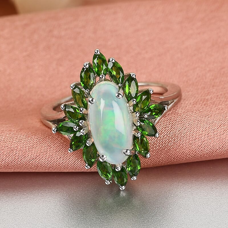 Ethiopian Welo Opal and Natural Chrome Diopside Floral Spray Ring in Platinum Over Sterling Silver, Oval Engagement Ring (Size 9.0) 3.20 ctw