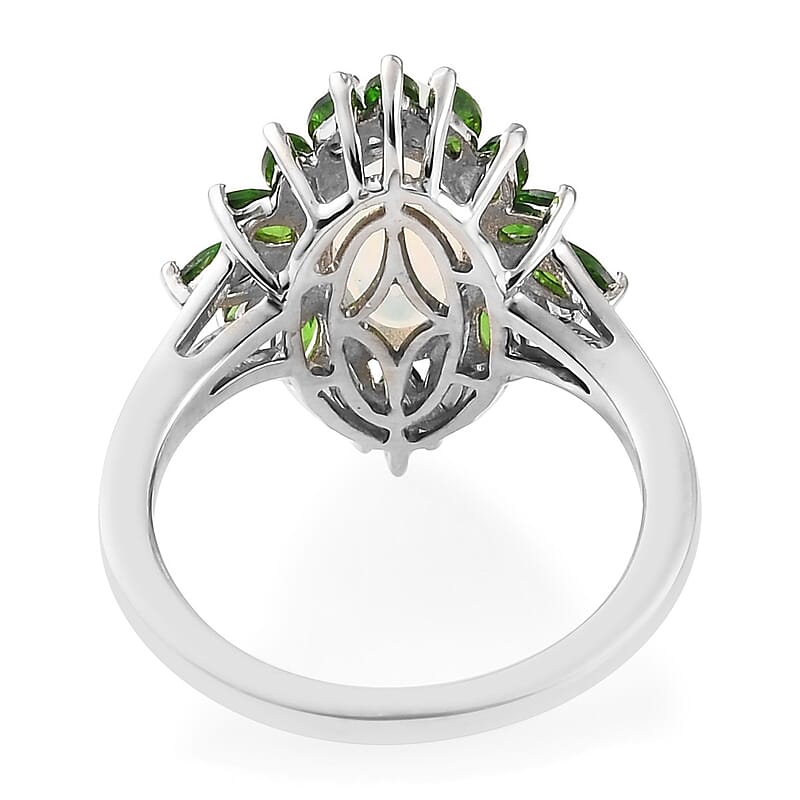 Ethiopian Welo Opal and Natural Chrome Diopside Floral Spray Ring in Platinum Over Sterling Silver, Oval Engagement Ring (Size 9.0) 3.20 ctw