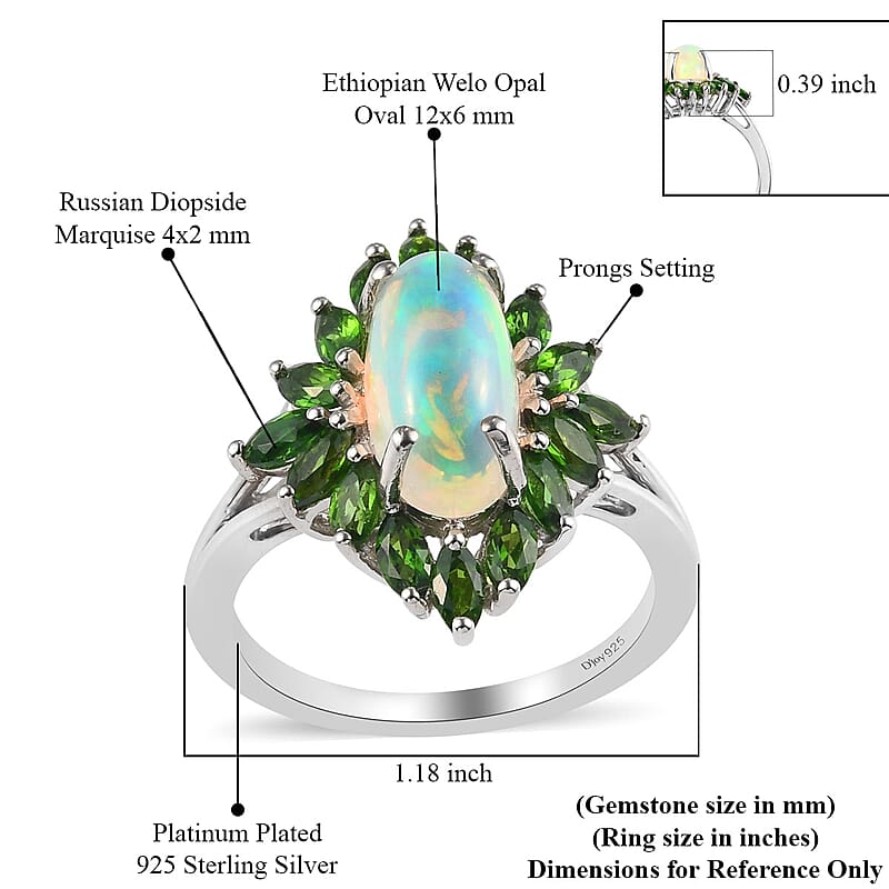 Ethiopian Welo Opal and Natural Chrome Diopside Floral Spray Ring in Platinum Over Sterling Silver, Oval Engagement Ring (Size 9.0) 3.20 ctw