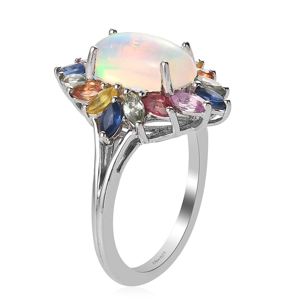 Ethiopian Welo Opal and Multi Sapphire Floral Spray Ring in Platinum Over Sterling Silver, Oval Engagement Ring (Size 8.0) 3.10 ctw image number 3