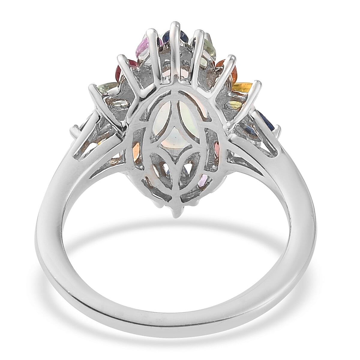 Ethiopian Welo Opal and Multi Sapphire Floral Spray Ring in Platinum Over Sterling Silver, Oval Engagement Ring (Size 8.0) 3.10 ctw image number 4