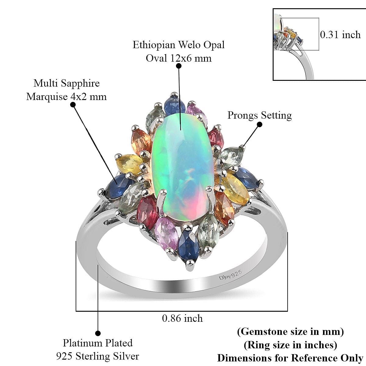 Ethiopian Welo Opal and Multi Sapphire Floral Spray Ring in Platinum Over Sterling Silver, Oval Engagement Ring (Size 8.0) 3.10 ctw image number 5