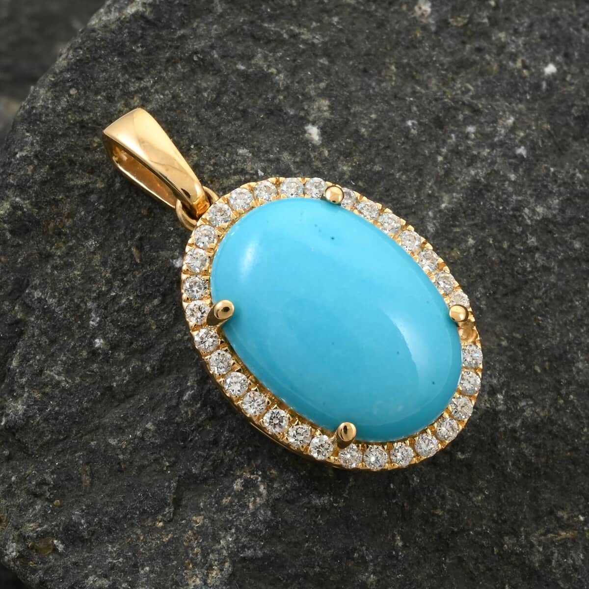 One Of A Kind Certified & Appraised 18K Yellow Gold AAA Sleeping Beauty Turquoise and SI Diamond Halo Pendant 4.30 ctw image number 1