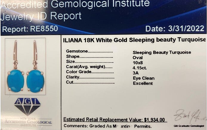 Iliana 18K White Gold AAA Sleeping Beauty Turquoise Lever Back Earrings 2.15 Grams 4.15 ctw