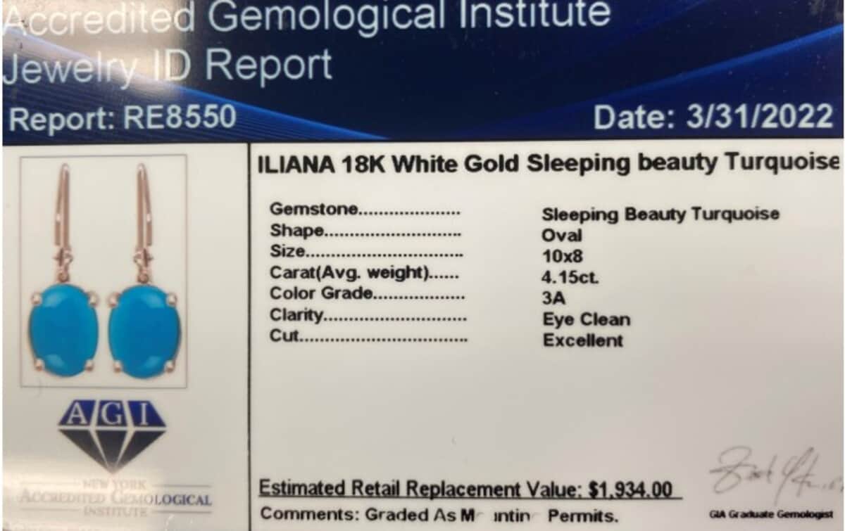 Iliana 18K White Gold AAA Sleeping Beauty Turquoise Lever Back Earrings 2.15 Grams 4.15 ctw image number 4