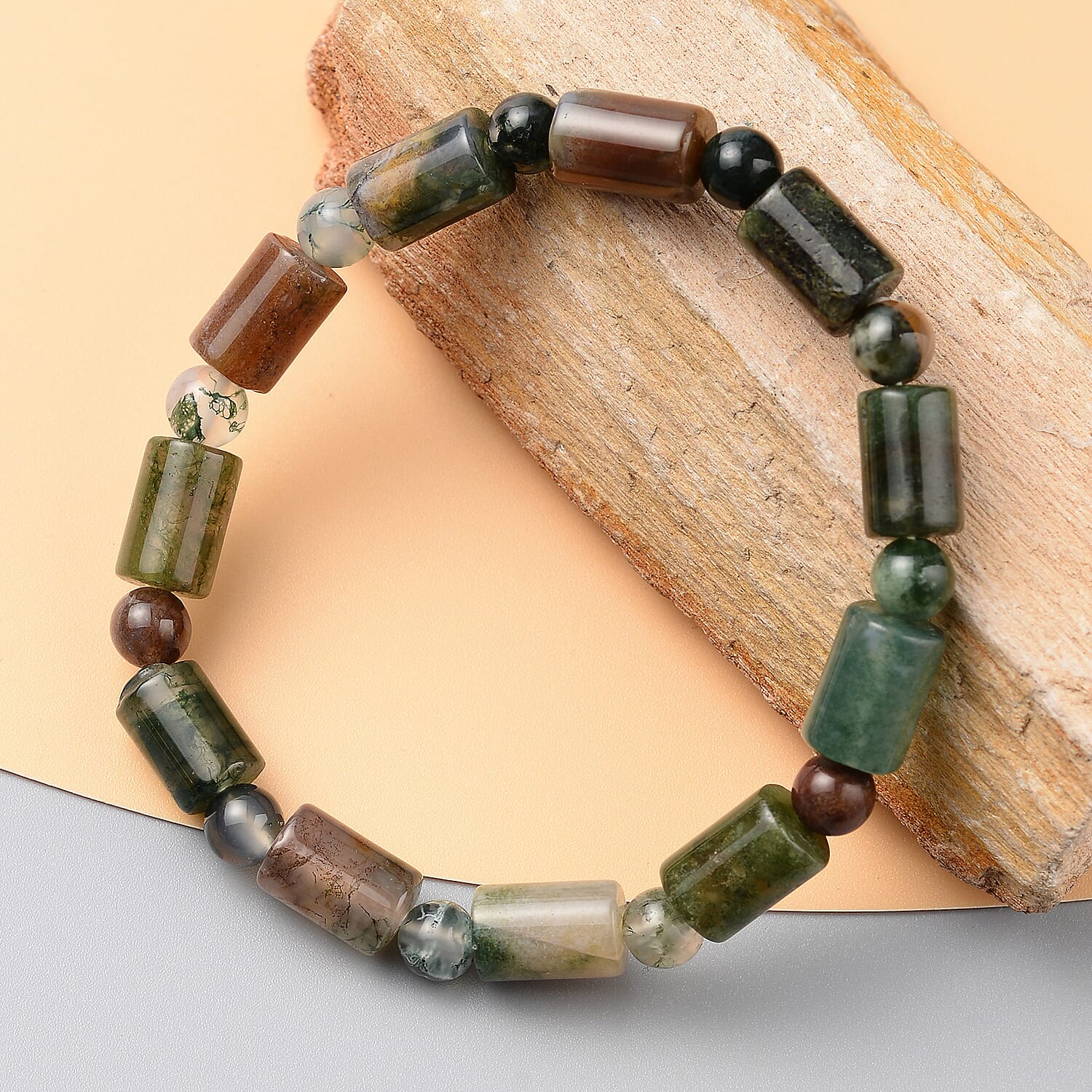 Indian Agate Barrel Shape and Beaded Stretch Bracelet 104.00 ctw