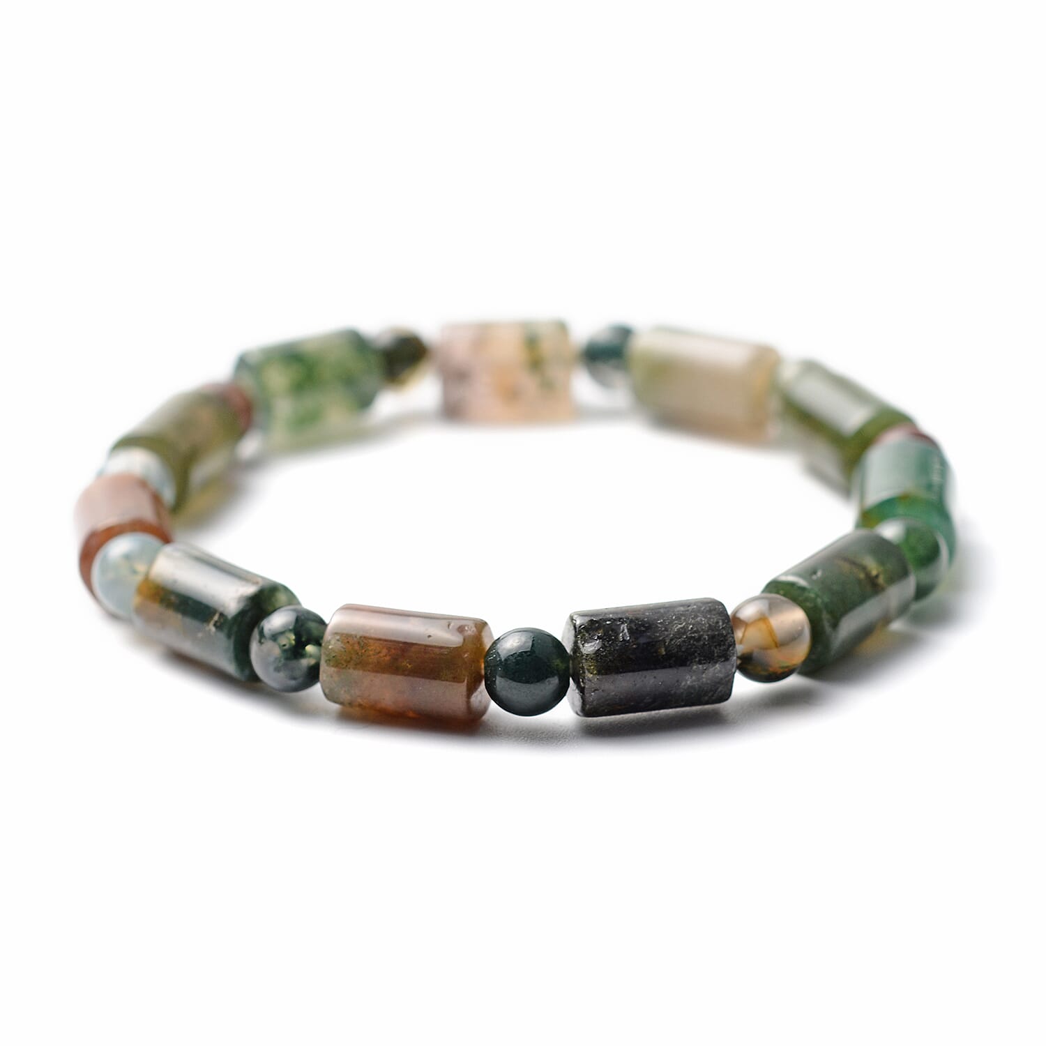 Indian Agate Barrel Shape and Beaded Stretch Bracelet 104.00 ctw