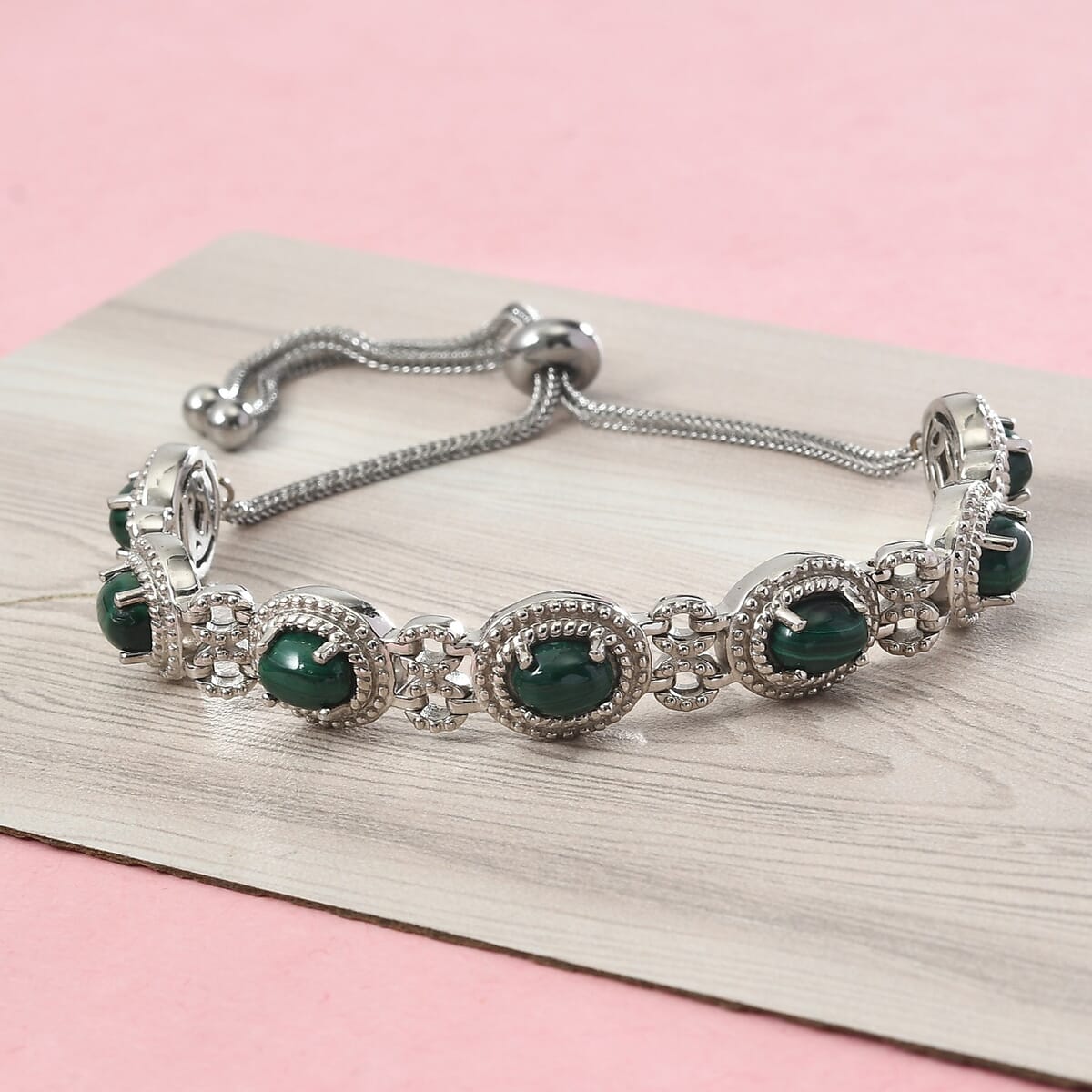 African Malachite Bolo Bracelet in Platinum Over Copper & Stainless Steel 8.50 ctw image number 1