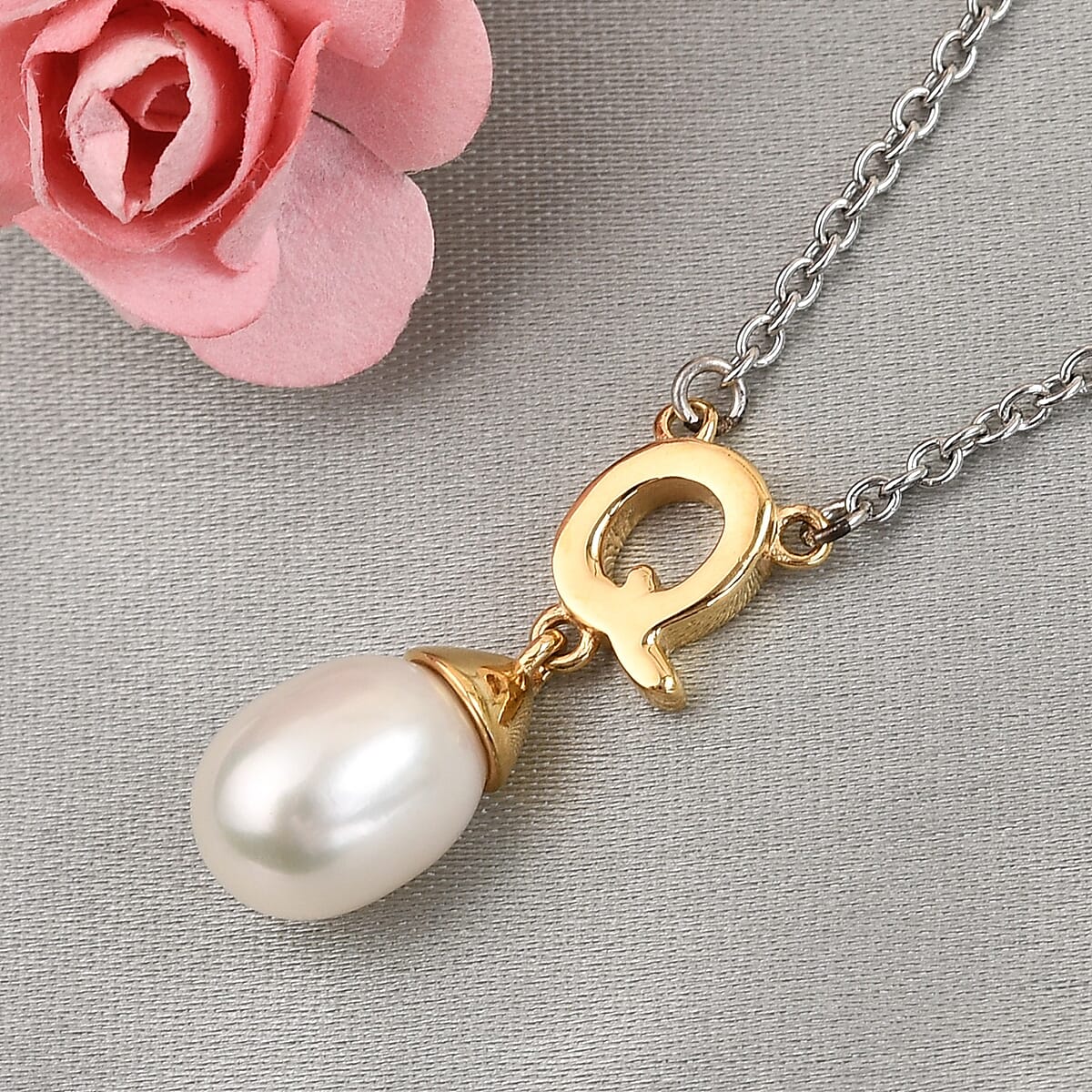 Freshwater Pearl Initial Q Drop Pendant Necklace (18 Inches) in Vermeil YG Over Sterling Silver and Stainless Steel image number 1