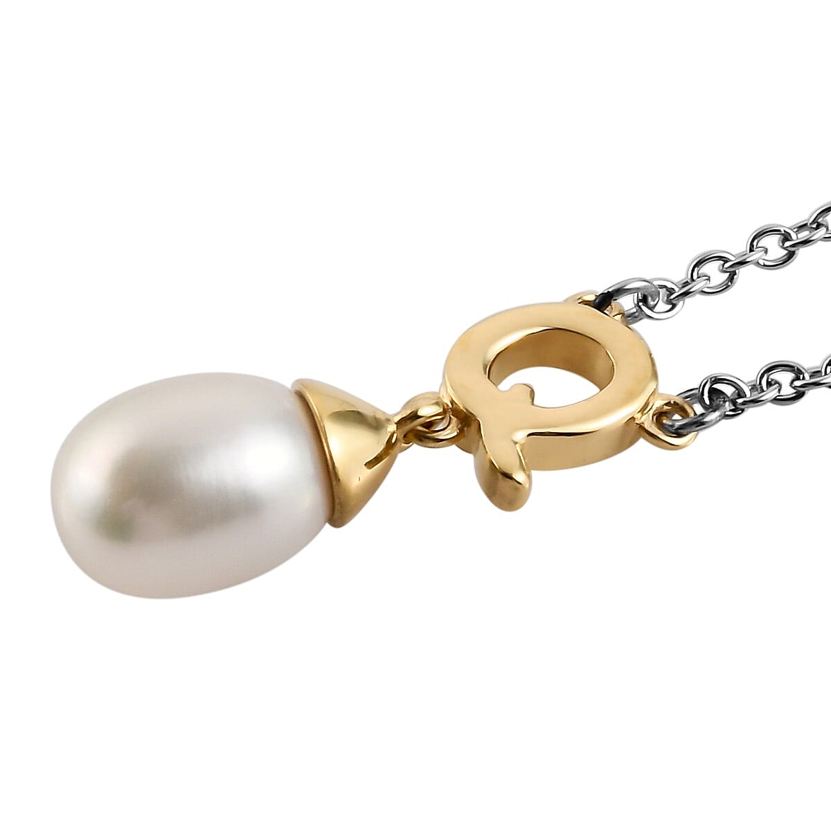 Freshwater Pearl Initial Q Drop Pendant Necklace (18 Inches) in Vermeil YG Over Sterling Silver and Stainless Steel image number 3