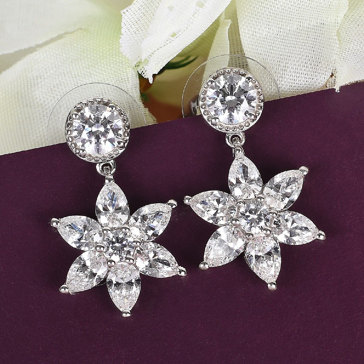 Lustro Stella Made with Finest CZ Dangle Earrings in Platinum Over Sterling Silver 11.10 ctw