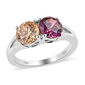 Lustro Stella Made with Finest Amber and Dark Red CZ Ring in Platinum Over Sterling Silver (Size 7.0) 3.90 ctw