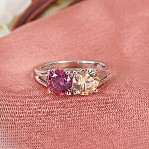 Lustro Stella Made with Finest Amber and Dark Red CZ Ring in Platinum Over Sterling Silver (Size 7.0) 3.90 ctw