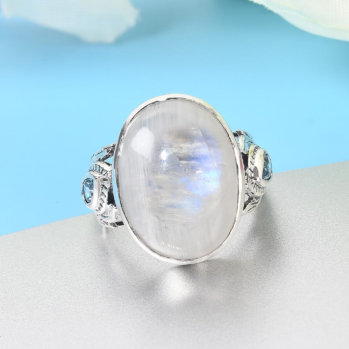 Kuisa Rainbow Moonstone, Swiss Blue Topaz Ring in Sterling Silver (Size 10.0) 11.35 ctw