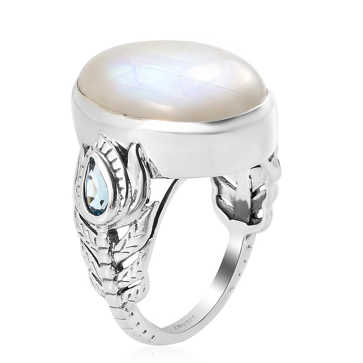 Kuisa Rainbow Moonstone, Swiss Blue Topaz Ring in Sterling Silver (Size 10.0) 11.35 ctw