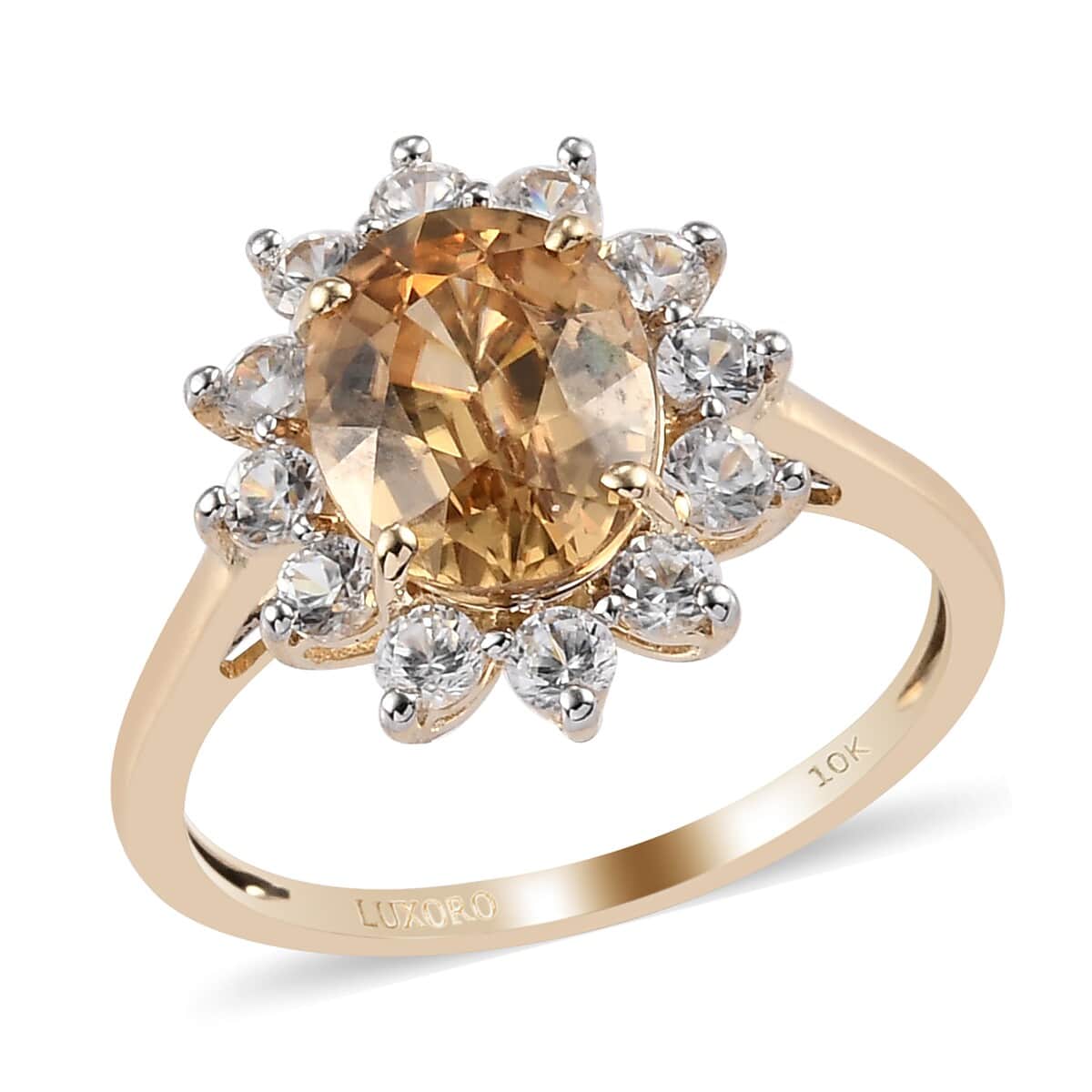 LUXORO 10K Yellow Gold Premium Canary Yellow Zircon and Natural White Zircon Flower Ring (Size 8.0) 3.80 ctw image number 0