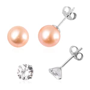 Set of 2 Peach Anhui Freshwater Cultured Pearl and Simulated Diamond Solitaire Stud Earrings in Rhodium Over Sterling Silver