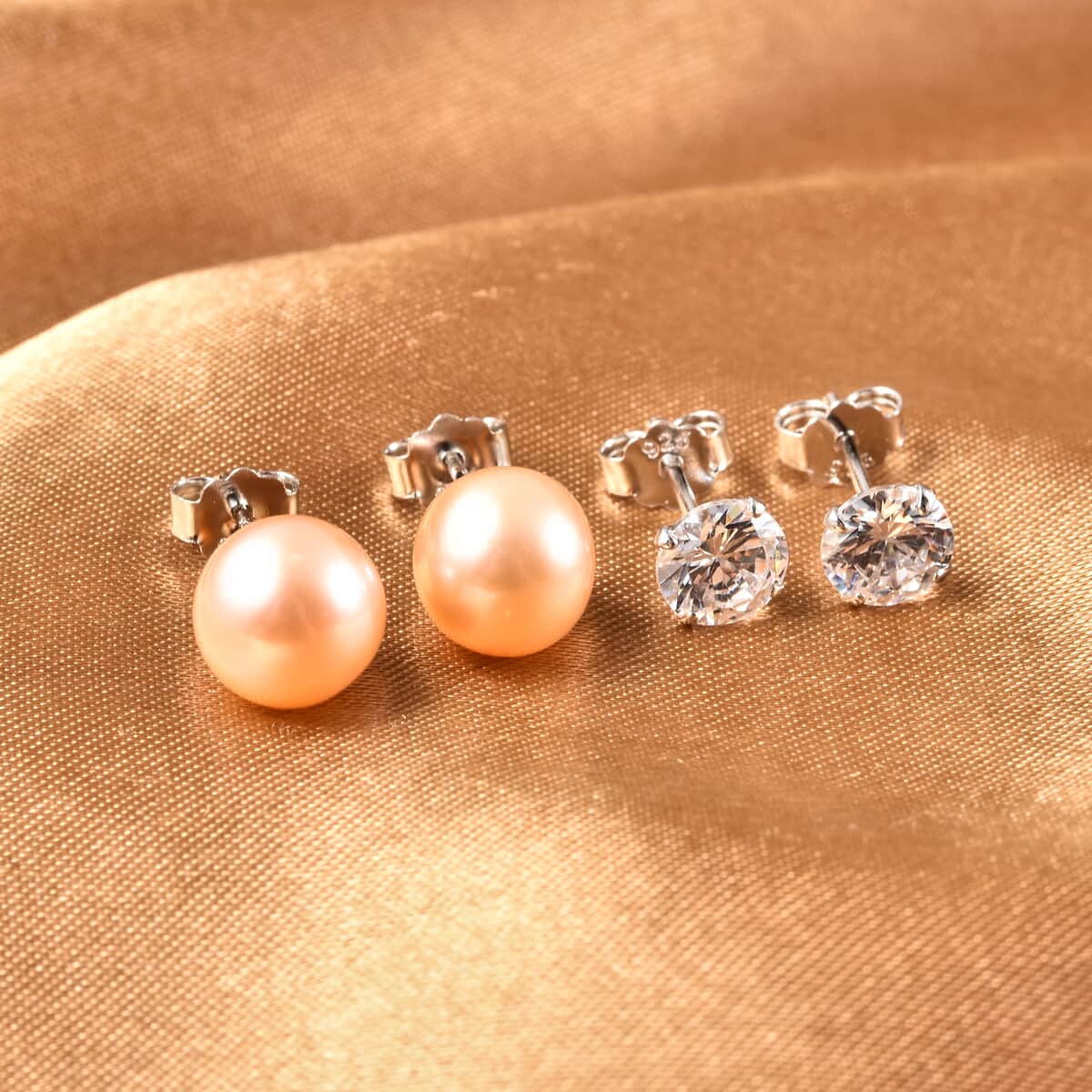 Set of 2 Peach Anhui Freshwater Cultured Pearl and Simulated Diamond Solitaire Stud Earrings in Rhodium Over Sterling Silver image number 1