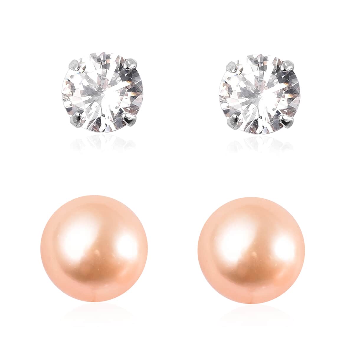 Set of 2 Peach Anhui Freshwater Cultured Pearl and Simulated Diamond Solitaire Stud Earrings in Rhodium Over Sterling Silver image number 2