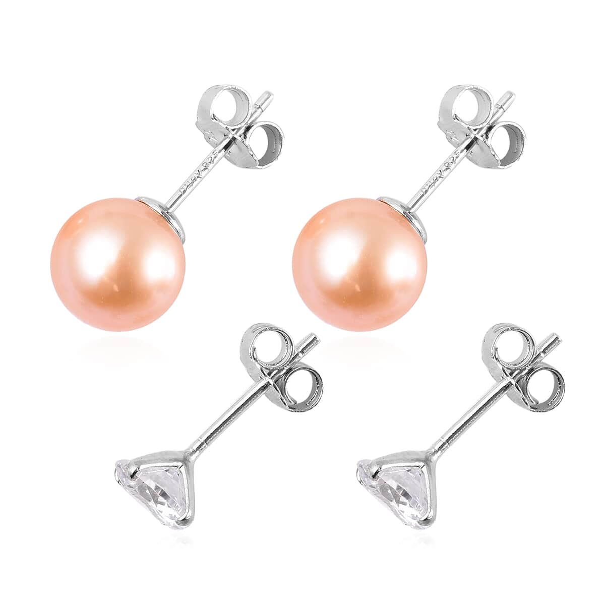 Set of 2 Peach Anhui Freshwater Cultured Pearl and Simulated Diamond Solitaire Stud Earrings in Rhodium Over Sterling Silver image number 3