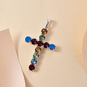 J Francis Embellished with Multi Color Crystal by Swarovski Cross Pendant without Chain in Sterling Silver