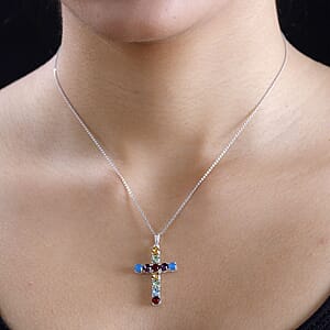 J Francis Embellished with Multi Color Crystal by Swarovski Cross Pendant without Chain in Sterling Silver