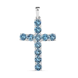 J Francis Embellished with Aquamarine Color Crystal by Swarovski Cross Pendant without Chain in Sterling Silver