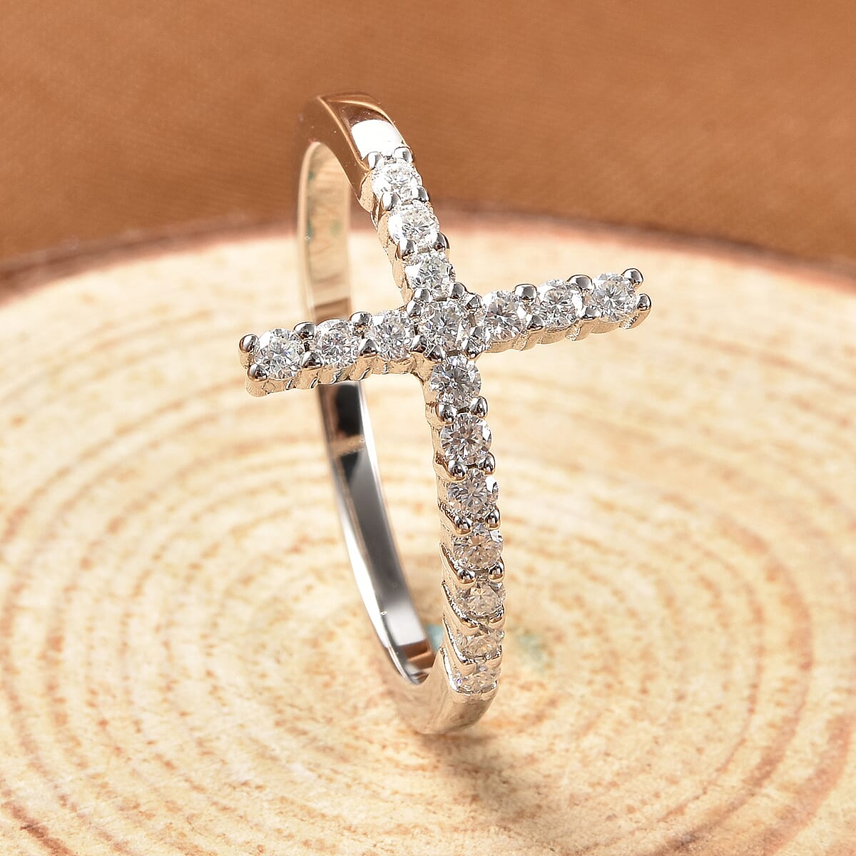 Moissanite Holy Cross Ring in Rhodium Over Sterling Silver (Size 7.0) 0.35 ctw image number 1