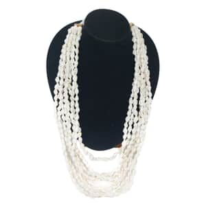 White Shell Pearl and Coconut Shell, Wood Spacer Multi Layered and Beaded Necklace 26 Inches with 15mm Lock