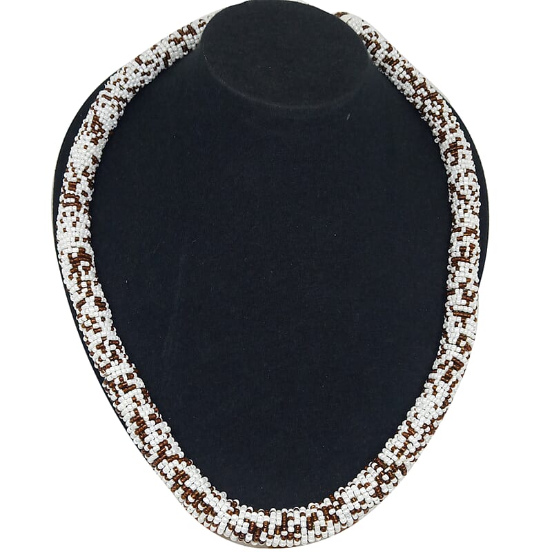 Simulated White Pearl and Coconut Shell Necklace 25 Inches