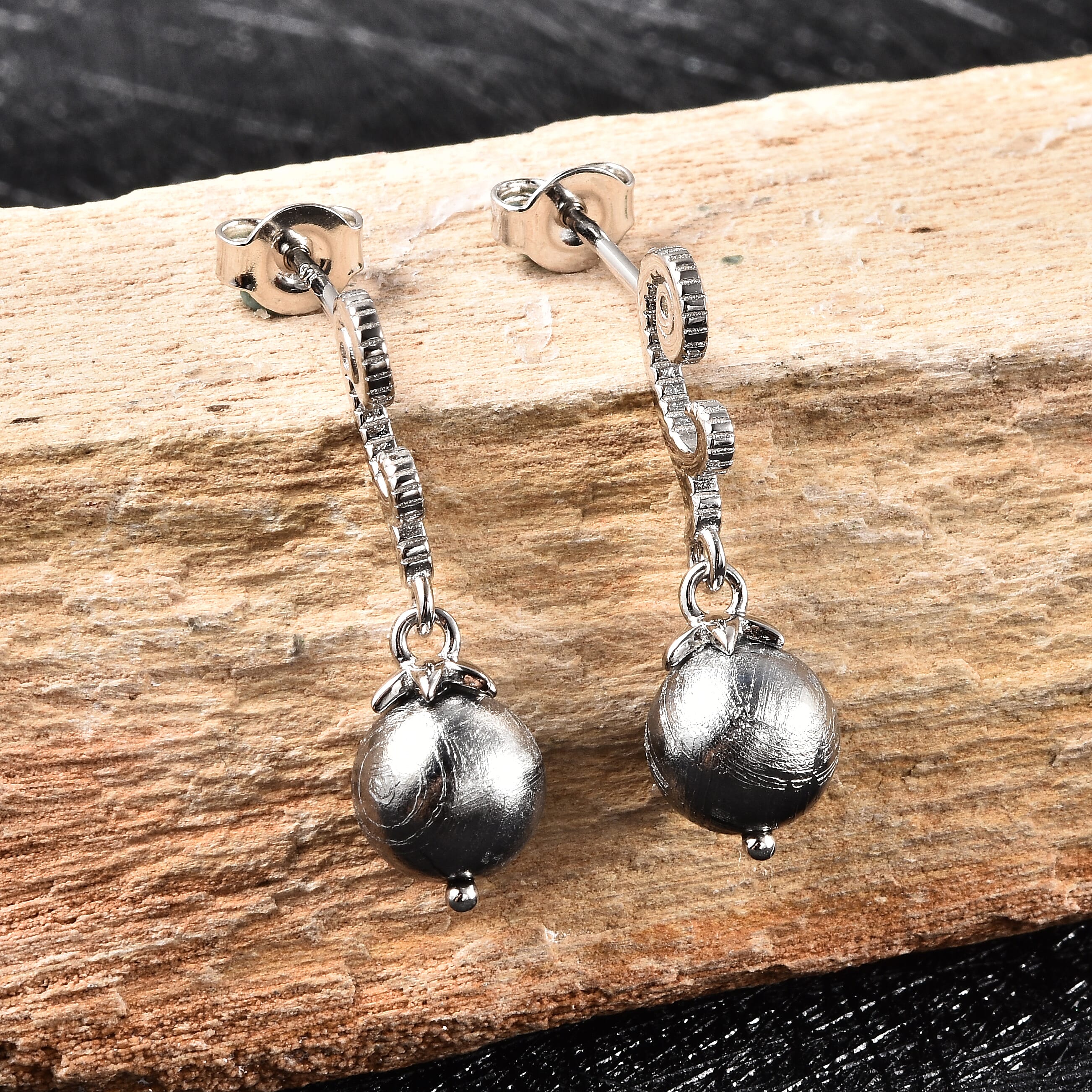 Marvelous Meteorite and White Zircon Beaded Drop Earrings in Rhodium Over Sterling Silver