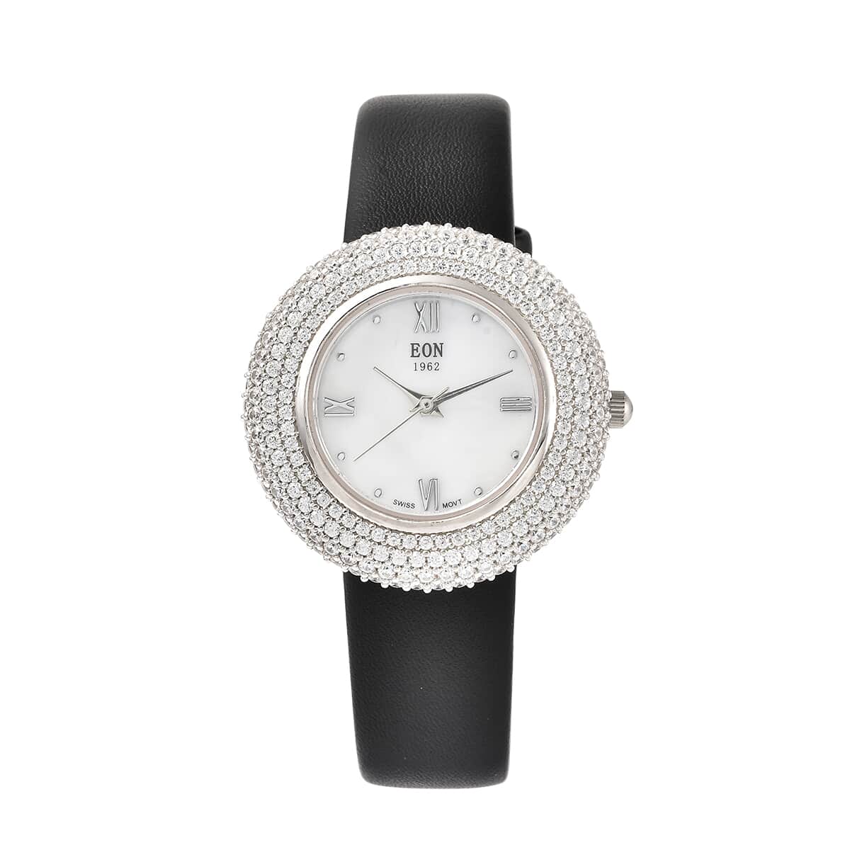 EON 1962 White Crystal Swiss Movement MOP Dial Watch in Sterling Silver with Black Leather Strap 19 Grams image number 0