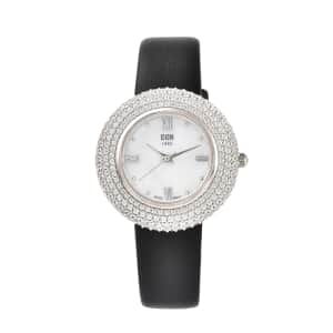 Eon 1962 White Crystal Swiss Movement MOP Dial Watch in Sterling Silver with Black Leather Strap