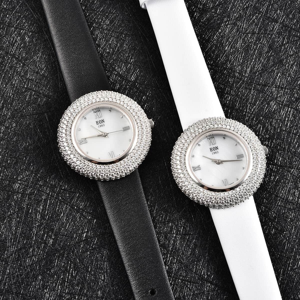 Eon 1962 White Crystal Swiss Movement MOP Dial Watch in Sterling Silver with Black Leather Strap image number 1