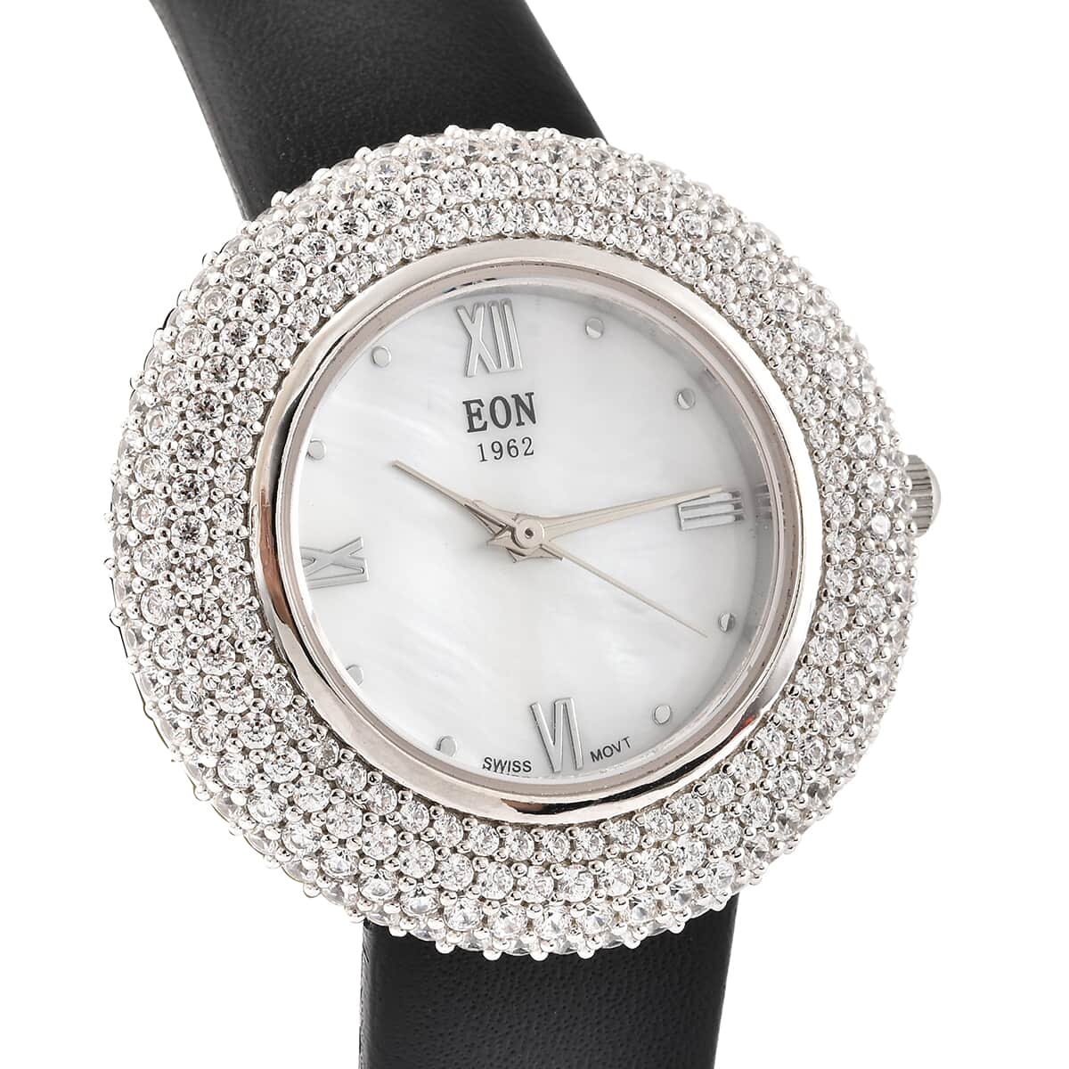 Eon 1962 White Crystal Swiss Movement MOP Dial Watch in Sterling Silver with Black Leather Strap image number 3