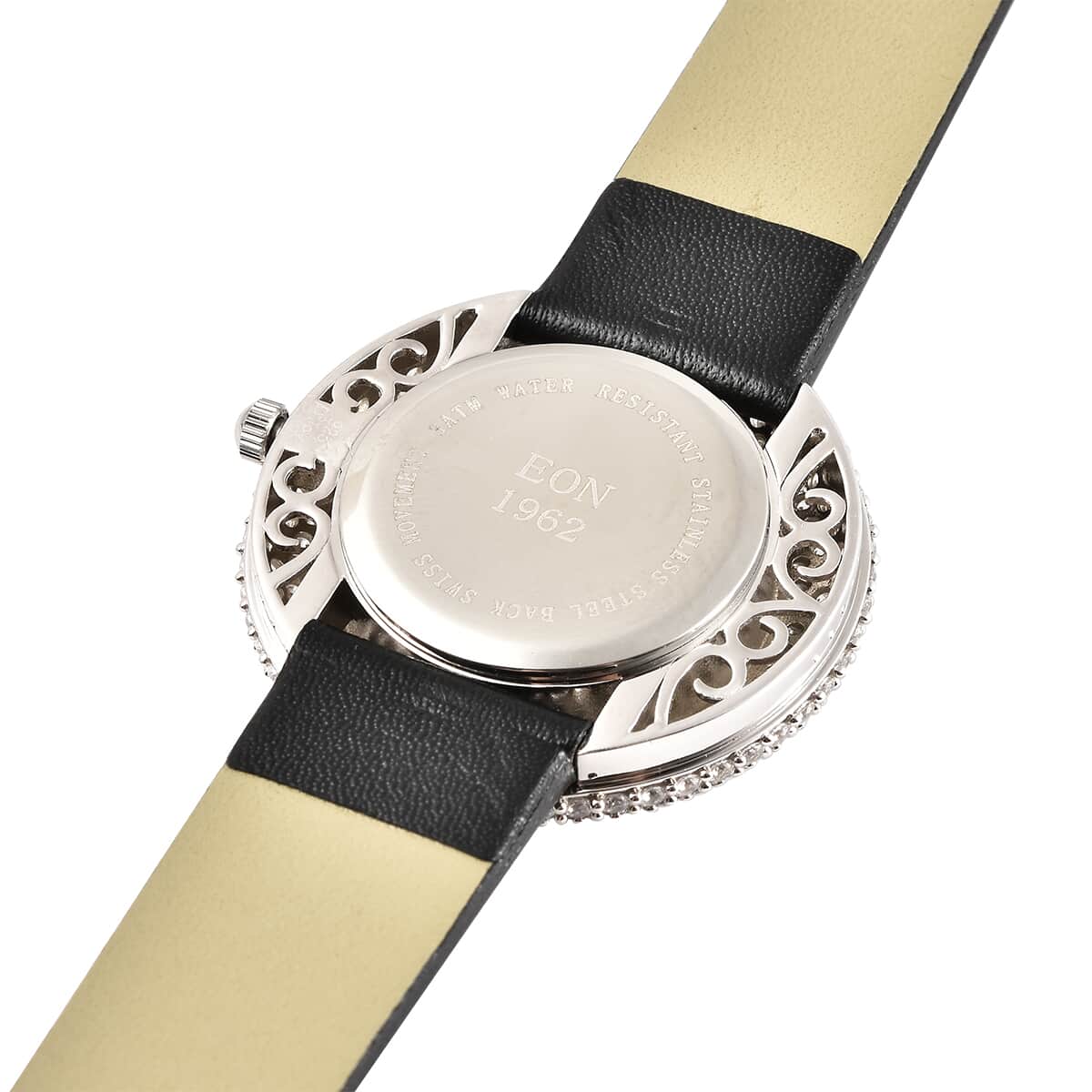 Eon 1962 White Crystal Swiss Movement MOP Dial Watch in Sterling Silver with Black Leather Strap image number 6