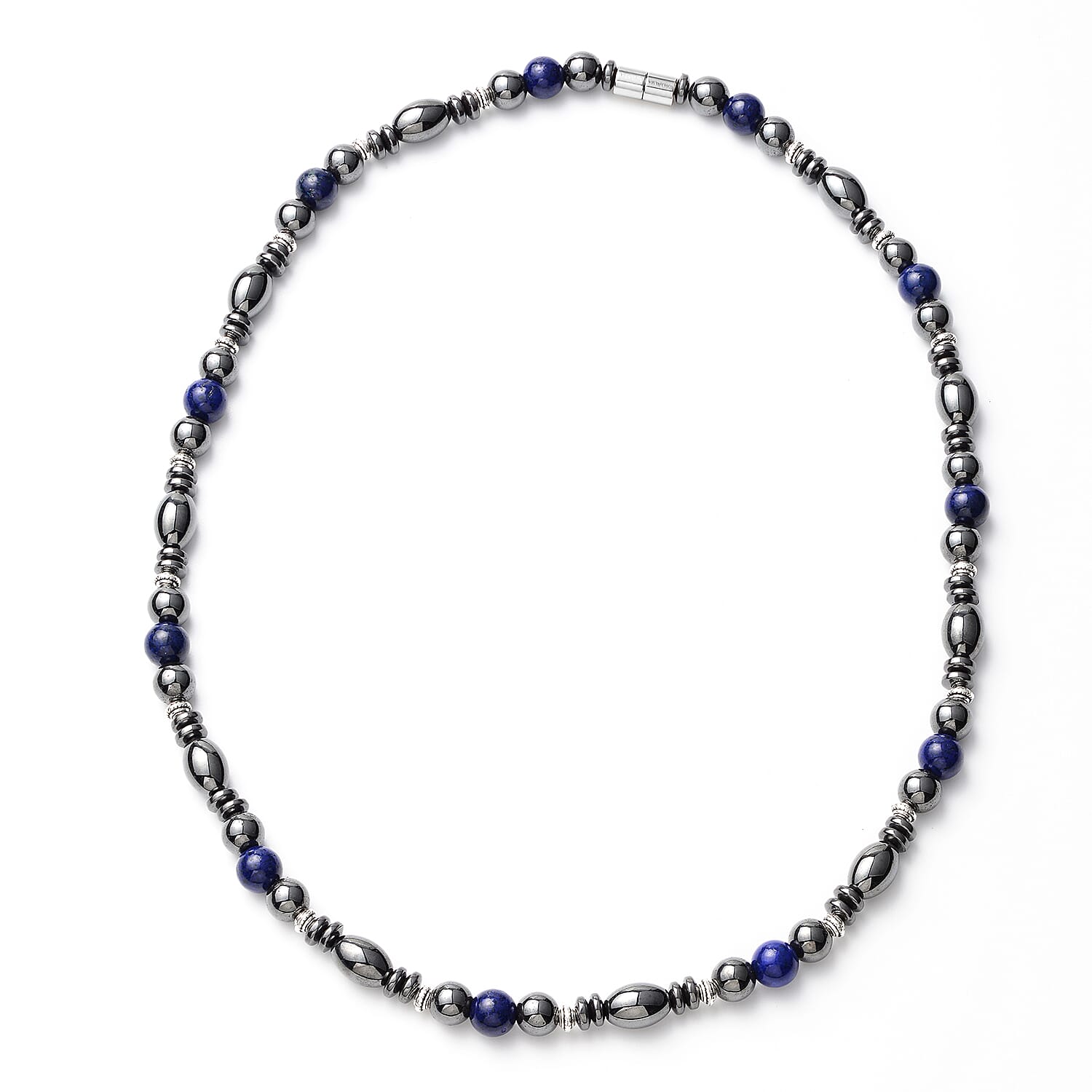 Lapis Lazuli and Hematite Beaded Men's Necklace 22 Inches in Silvertone 25.00 ctw
