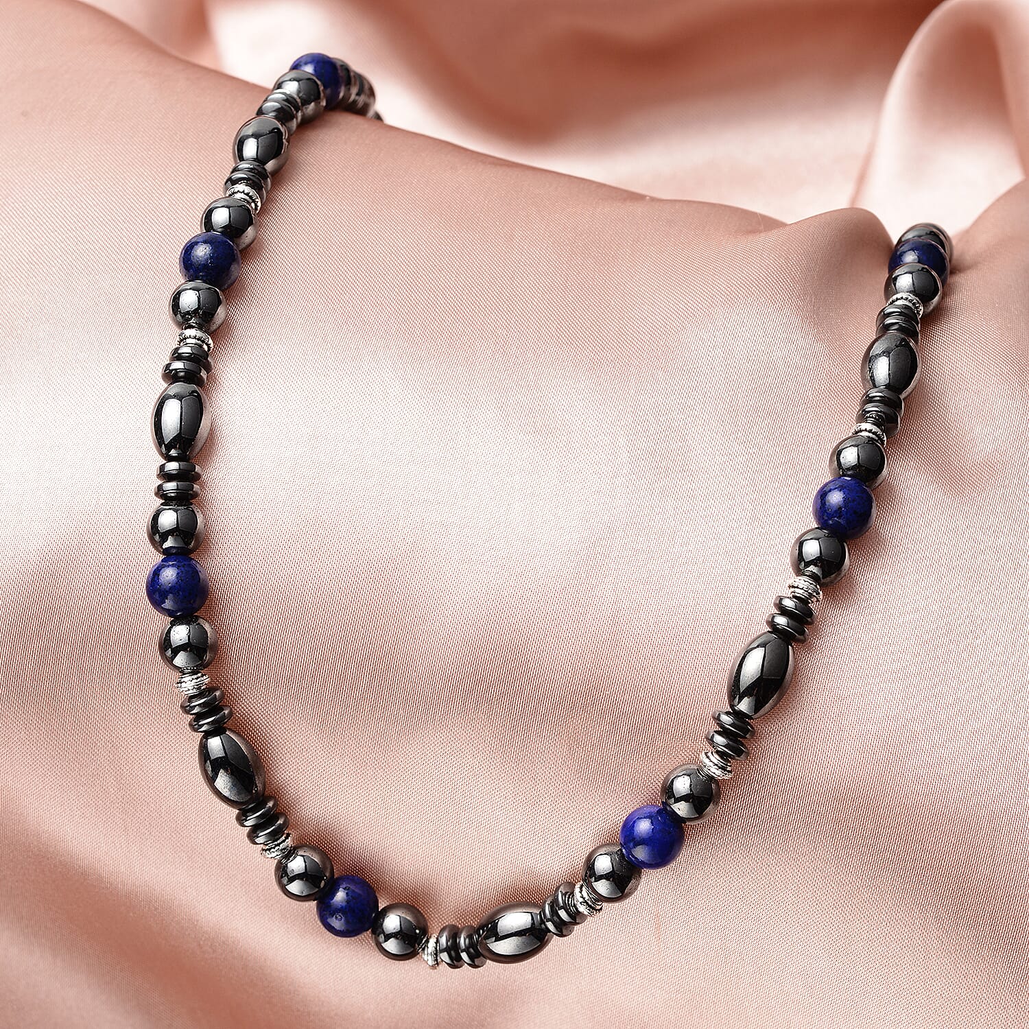 Lapis Lazuli and Hematite Beaded Men's Necklace 22 Inches in Silvertone 25.00 ctw